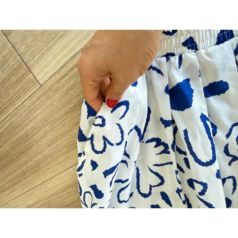 Schroder Separates Vintage Blue Floral Print Cotton Skirt Size 8 Pockets